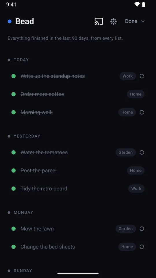 The Done view: finished tasks struck through with green ticks, grouped under Today, Yesterday and Monday