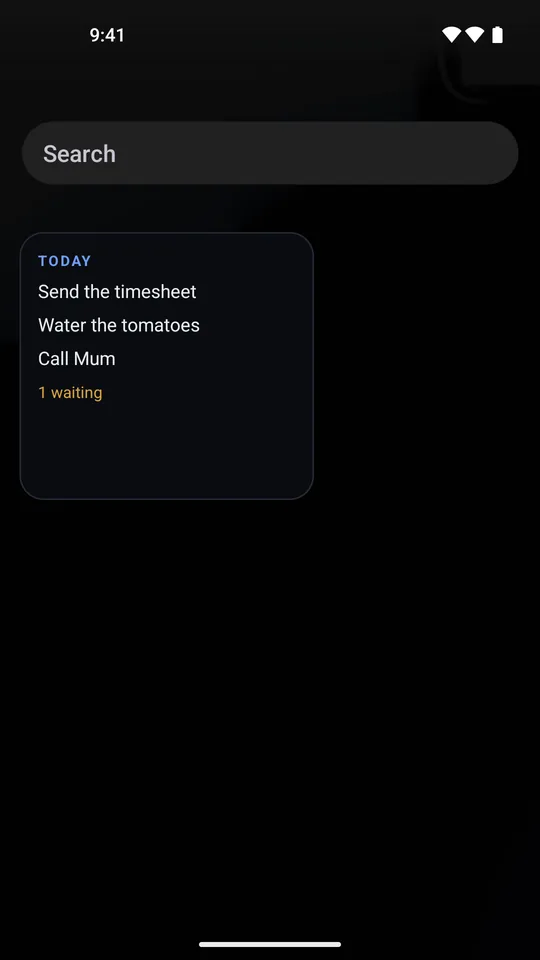 The Bead today widget on an Android home screen, showing three of today's tasks and a quiet amber 1 waiting line